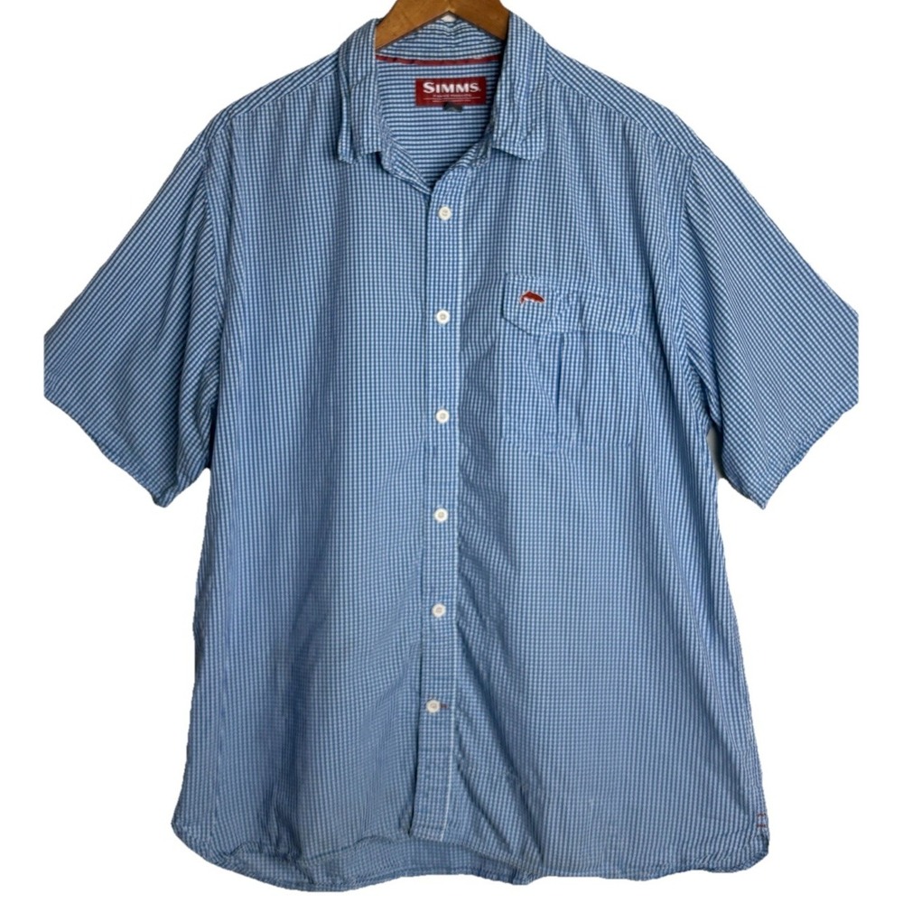 Simms Button Up Shirt Mens XXL Fishing Blue Gingham Check Outdoor Breathable